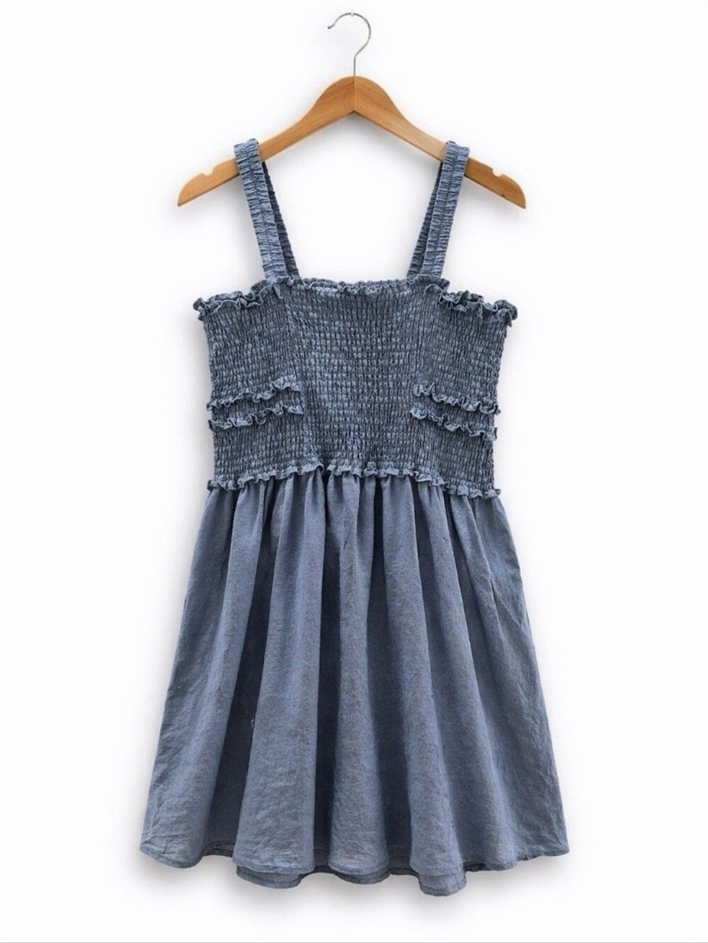 Celebrity Pink Denim-Blue Smocked Sundress with Ruffle Accents